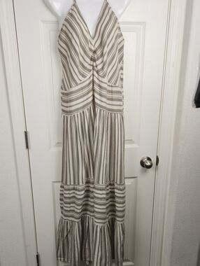 Cost Plus World Market Boho Beige and White Striped Halter Maxi Dress
